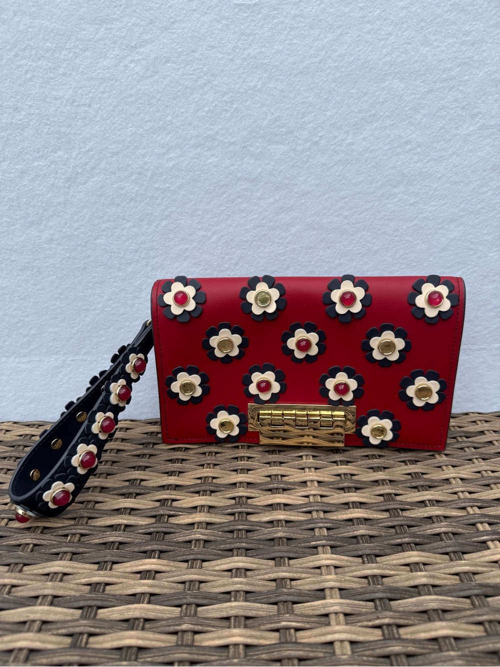 ZAC Zac Posen Red Floral Earthette Large Leather Clutch Wristlet Bag